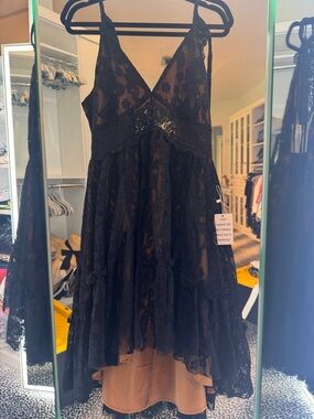 Joyfolie Black Lace High-Low Dress with Tan Underskirt